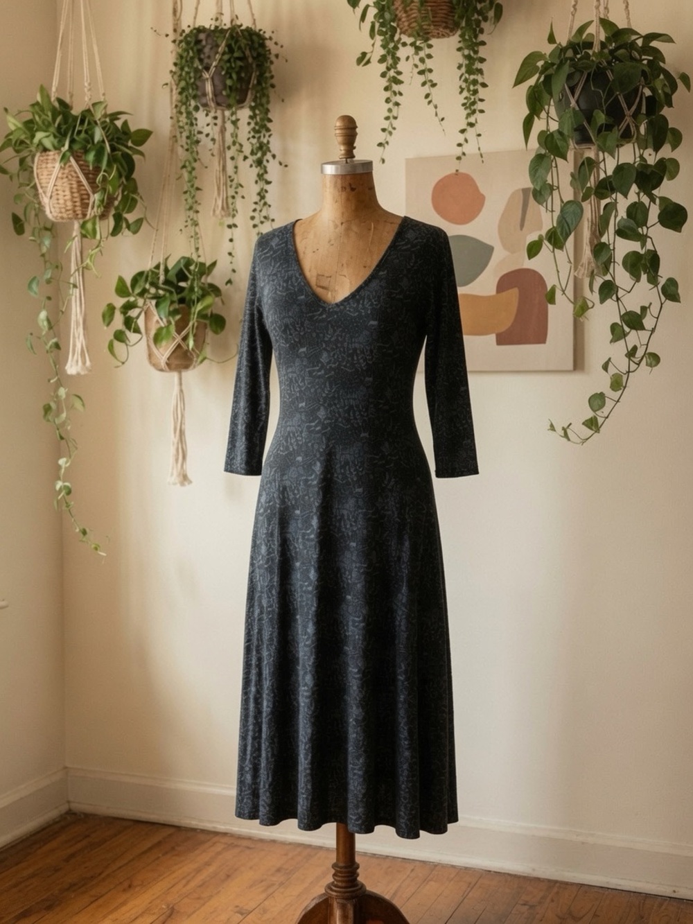 Mata Traders Classic V-Neck Black Floral Midi Dress 1X